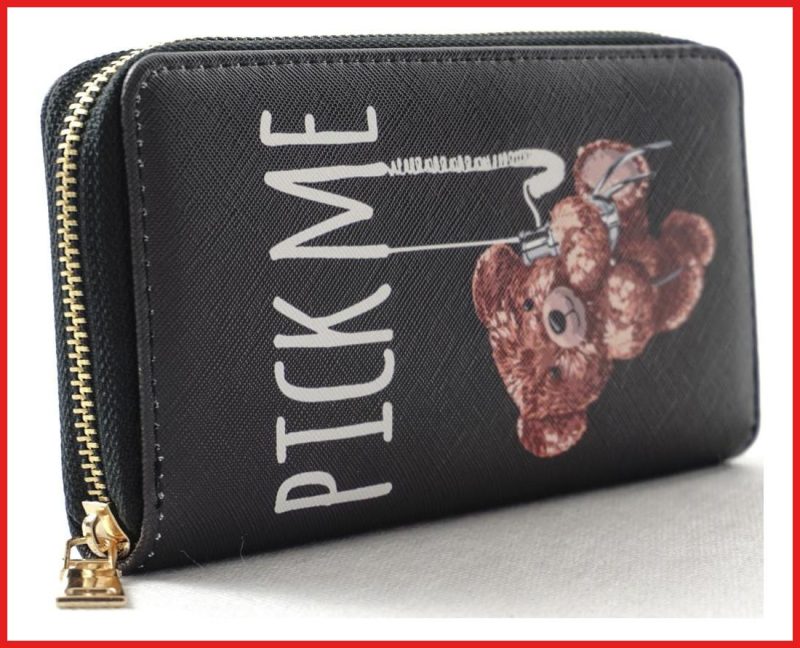 Női macis pénztárca felirattal, poliészter, fekete, "pick me" olaszbortaskak-hu b