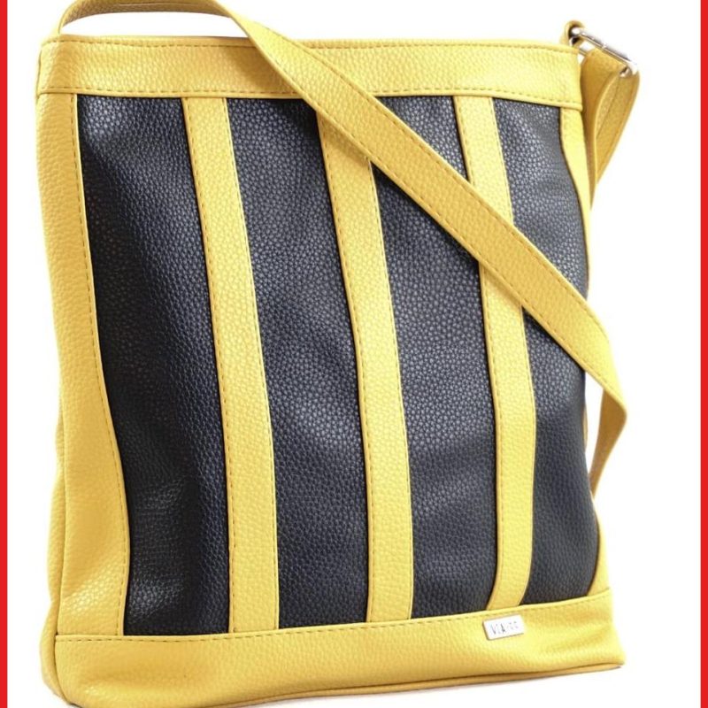 VIA55 női keresztpántos táska függőleges csíkokkal, rostbőr, sárga olaszbortaskak-hu b