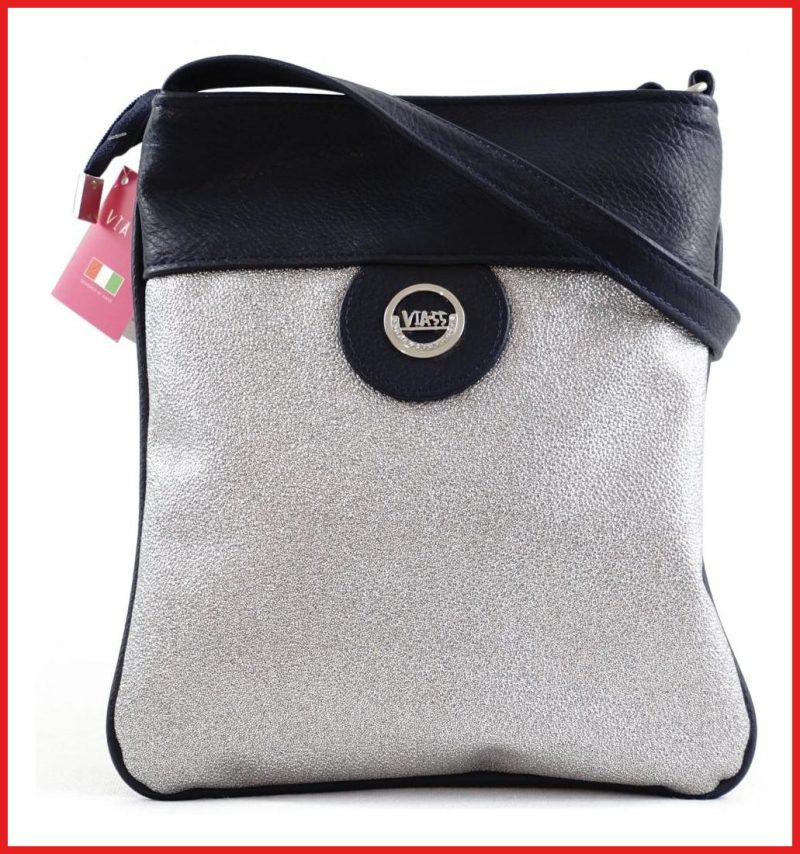 VIA55 női keresztpántos táska kör mintával, rostbőr, ezüst olaszbortaskak.hu a
