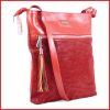 VIA55 női keresztpántos táska bojtos zsebbel, rostbőr, piros olaszbortaskak-hu b