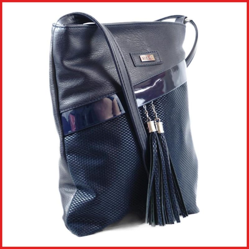 VIA55 női keresztpántos táska ferde zsebbel, rostbőr, kék olaszbortaskak-hu b